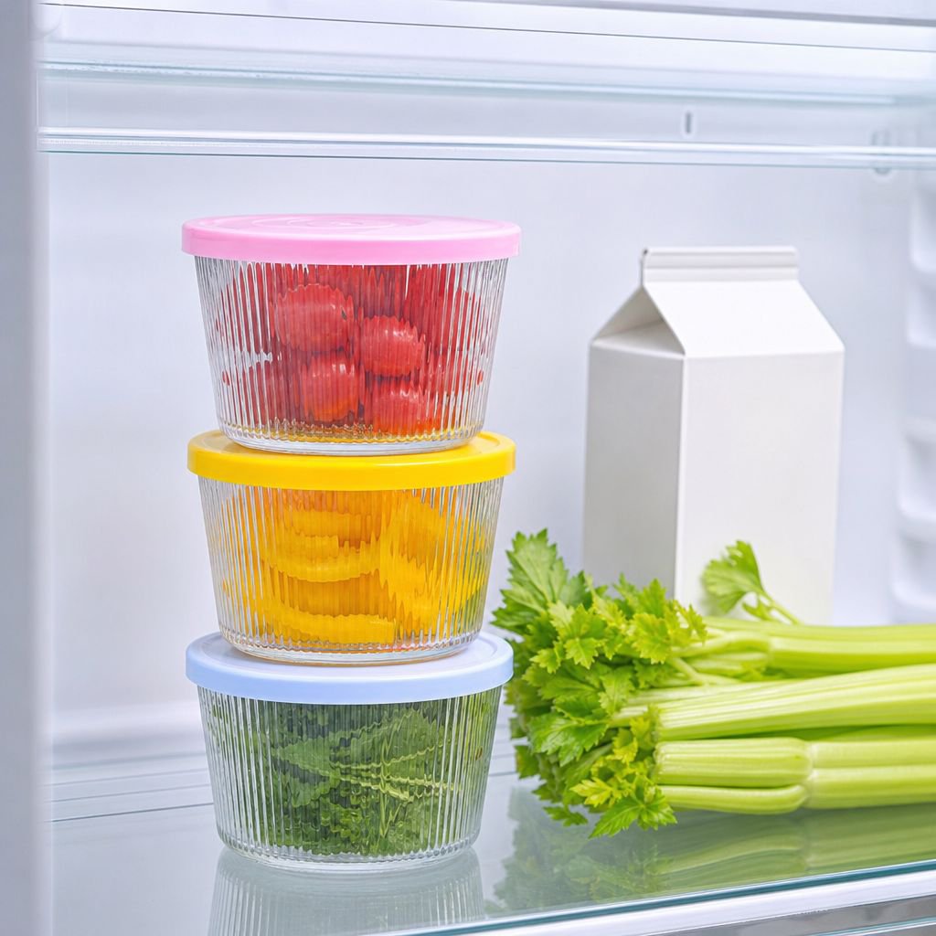 Household Refrigerator Compatible, Lidded Vertical Stripe Round Glass Food Container