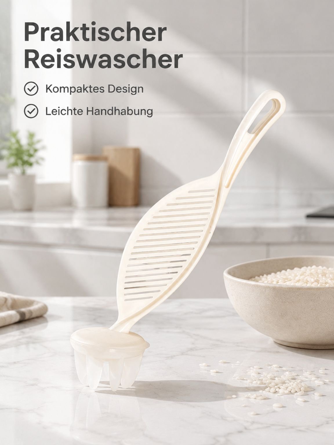 Kälteschutz-Reiswaschhilfe: Spritzschutz für schnelles Abspülen und Abgießen