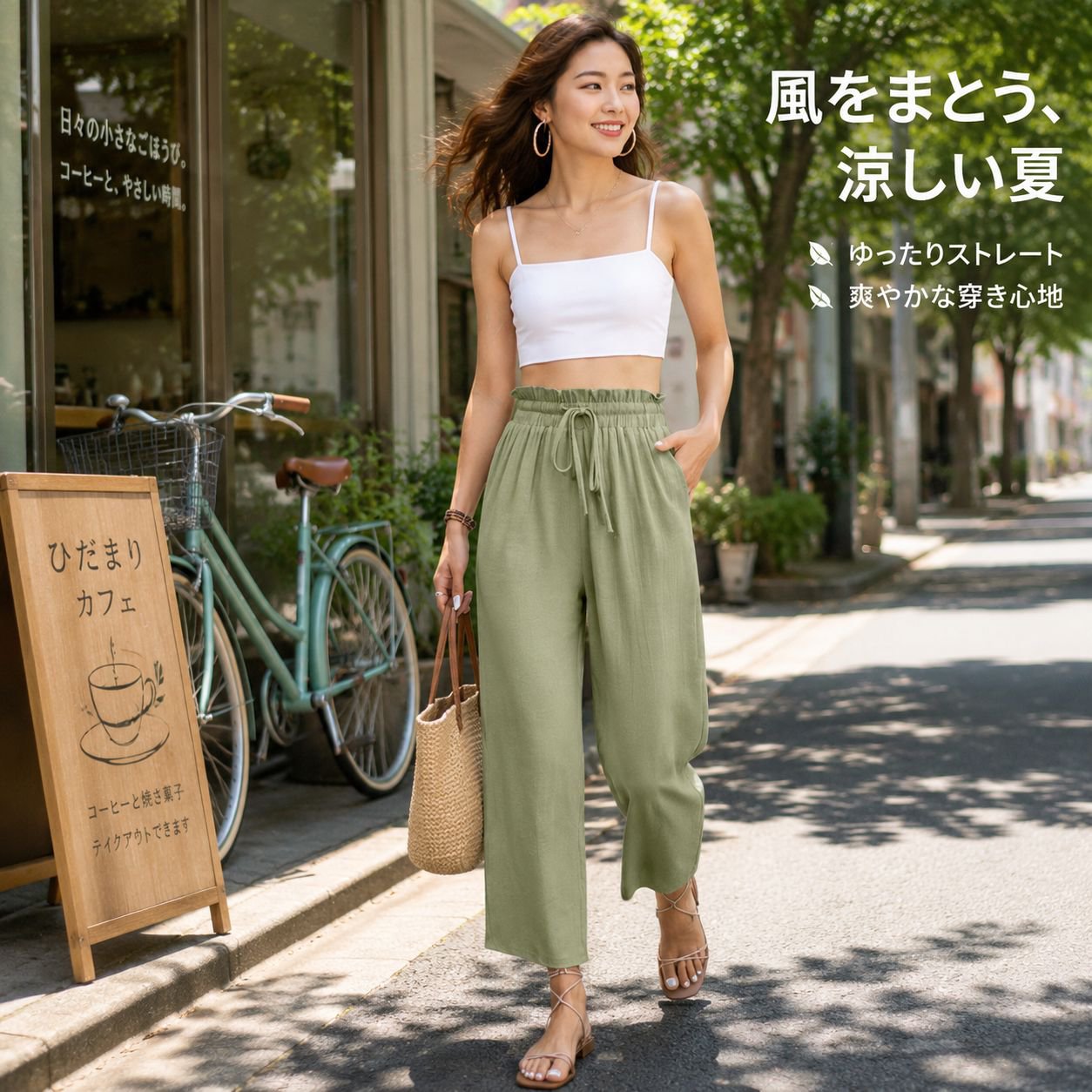 レディースカジュアルコットンリネンワイドパンツ