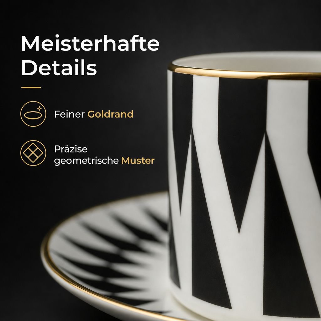 Knochenporzellan-Kaffeetassen- und Untertassen-Set mit schwarz-weiss geometrischem Design