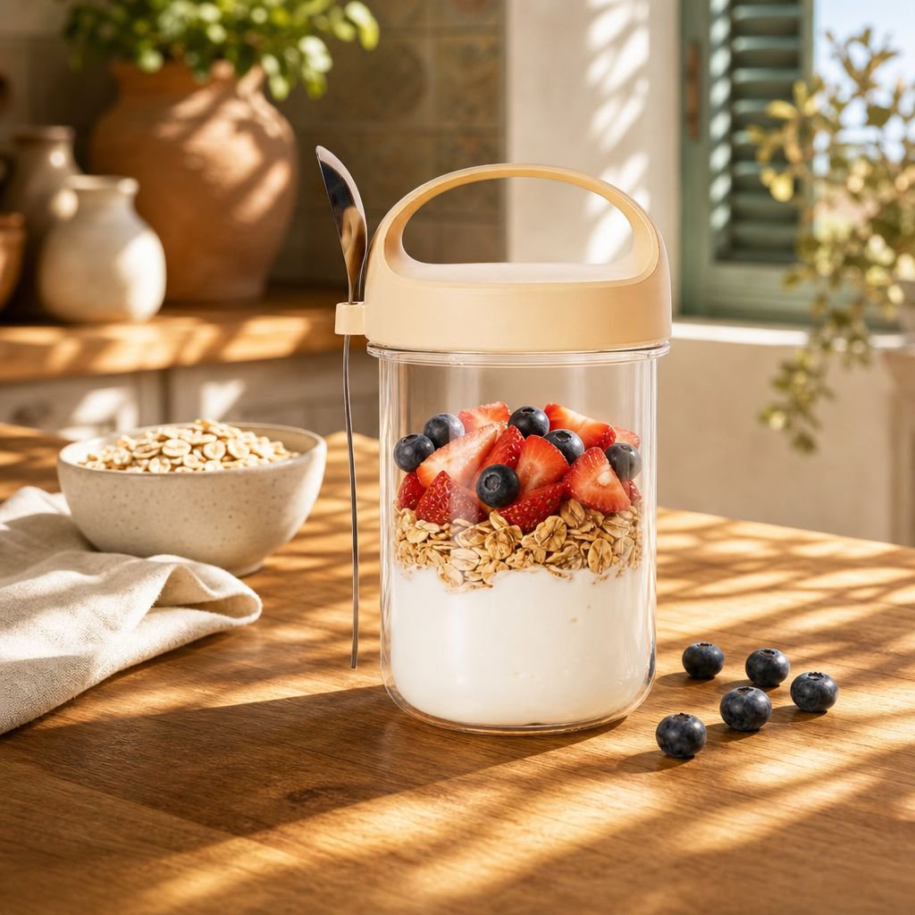 Vaso portátil para leche y cereales con cuchara, vaso sellado para yogur de desayuno