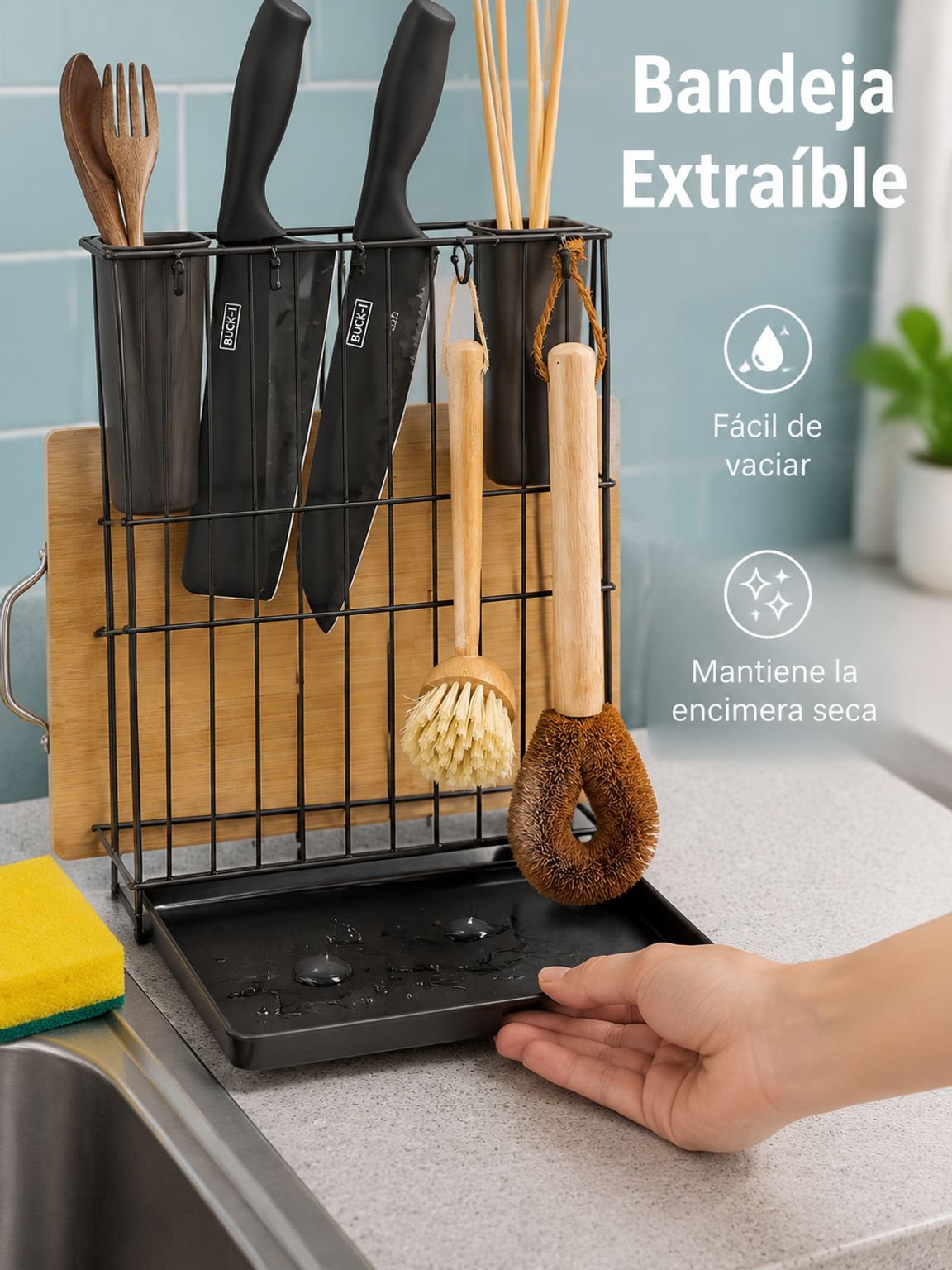 Soporte doméstico para cucharas con tabla de picar