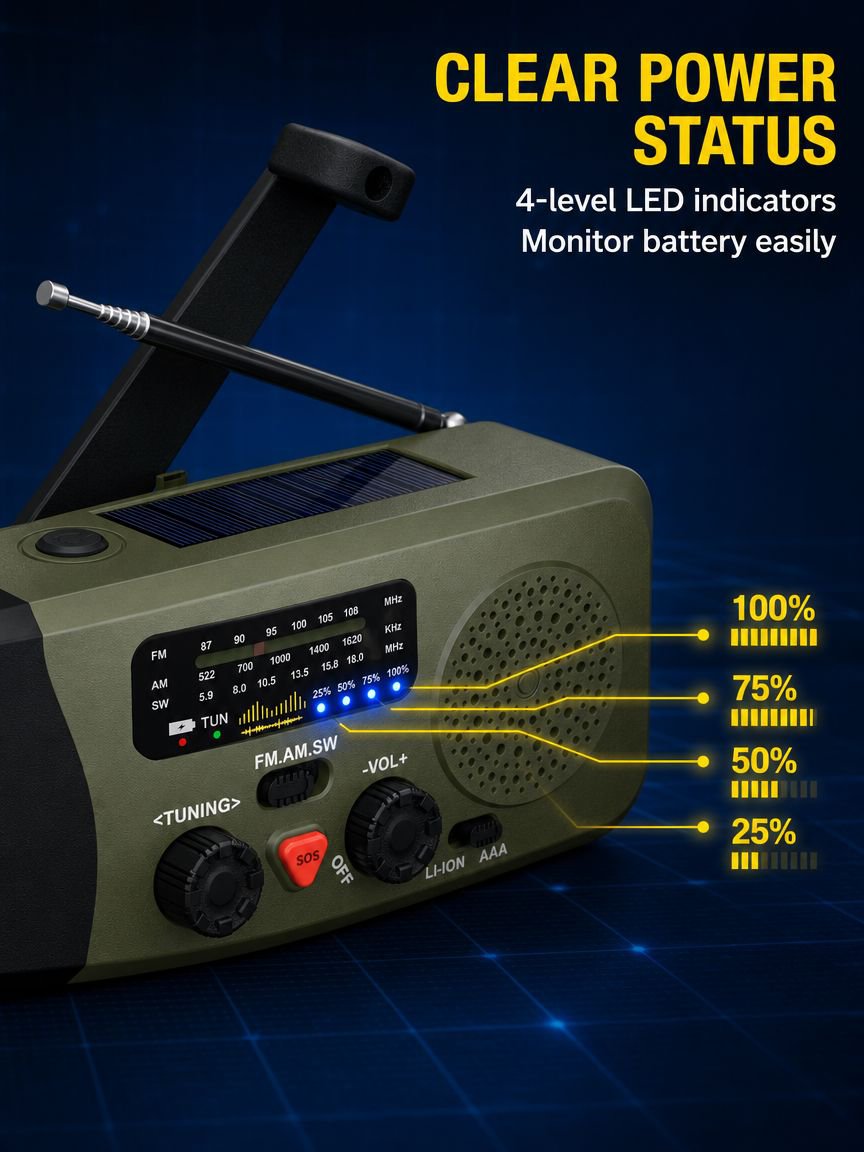 Hand crank and solar powered emergency radio with USB charging