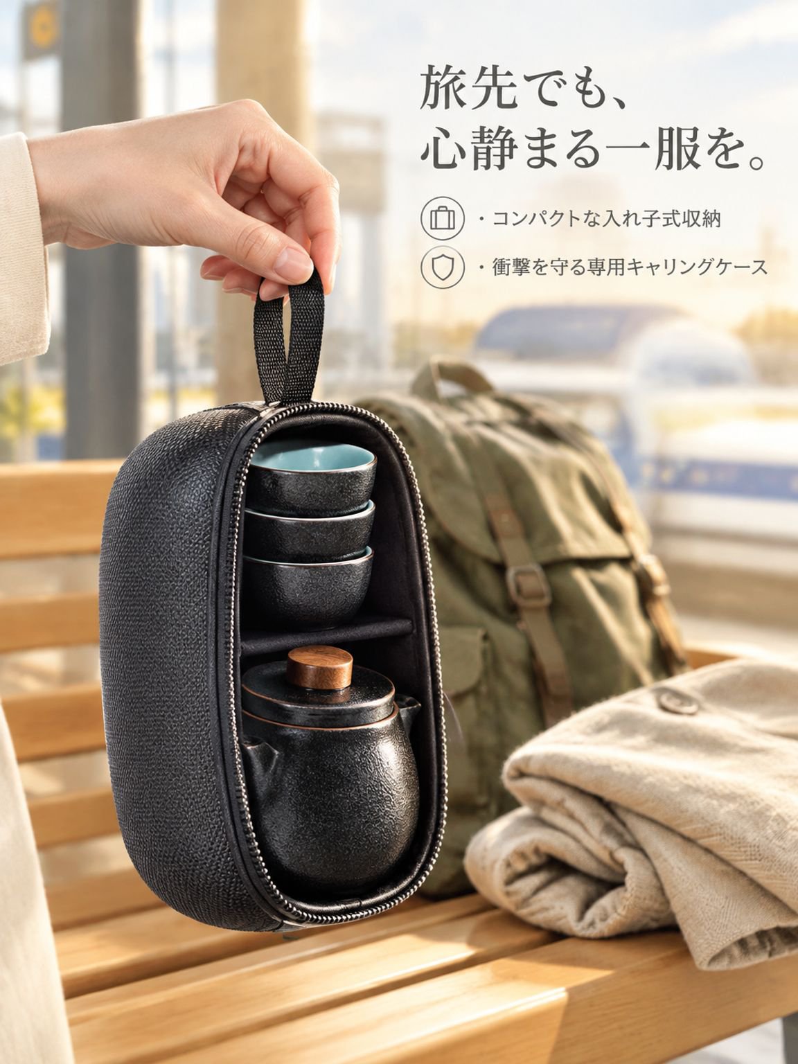 陶器製ティーポットとカップ3個の携帯用ティーセット