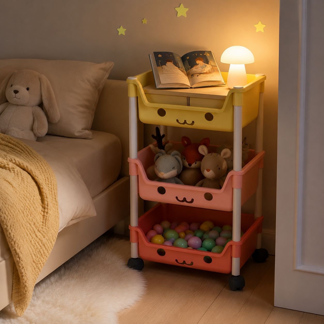 Multi-layer mobile kids toy storage shelf in playroom
