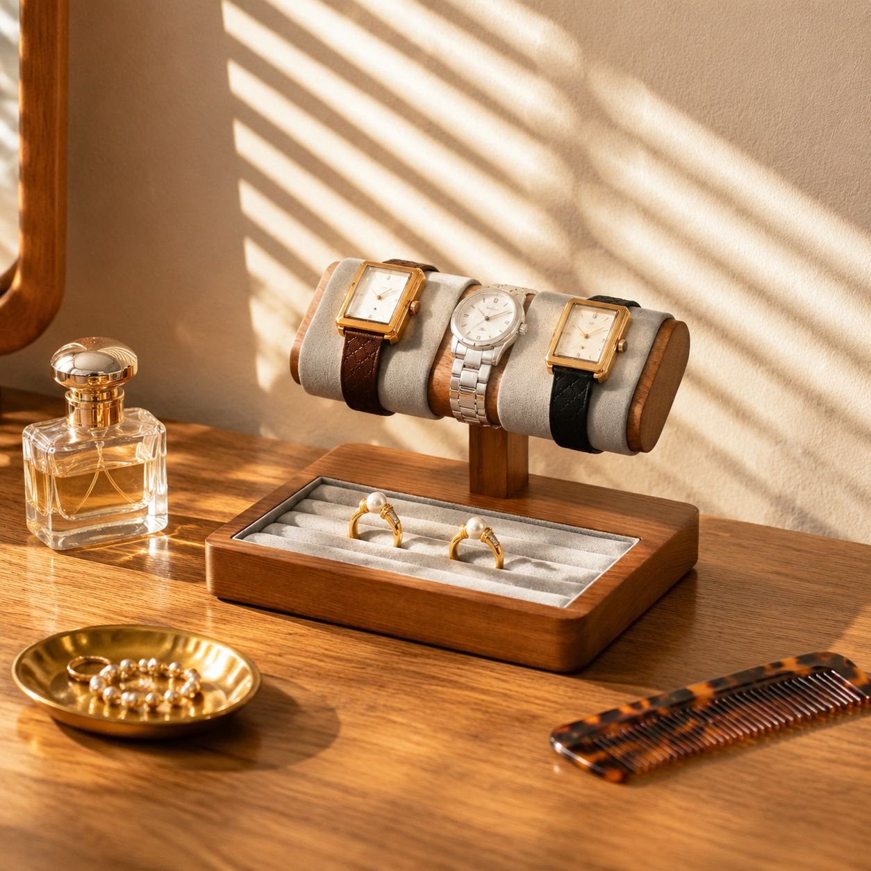 Estante de madera maciza para exhibir relojes y pulseras.