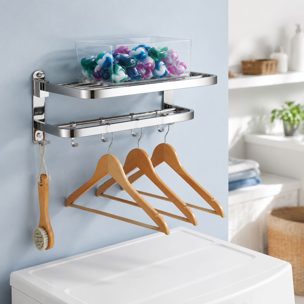 Luxury stainless steel shelf with hanging hooks