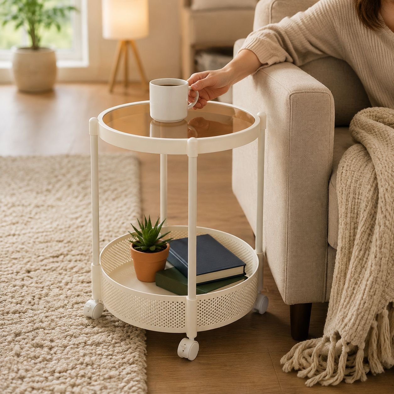 Sofa side table with clear glass top