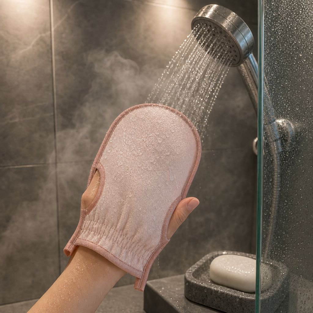 Powerful exfoliating bath glove removing dead skin