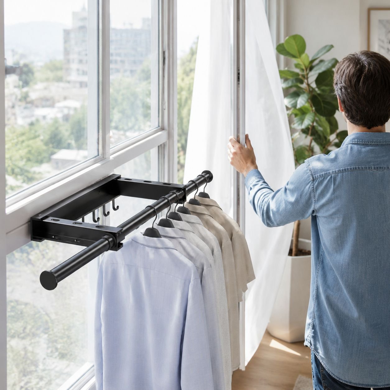 Sturdy stainless steel rod holding clothes hangers