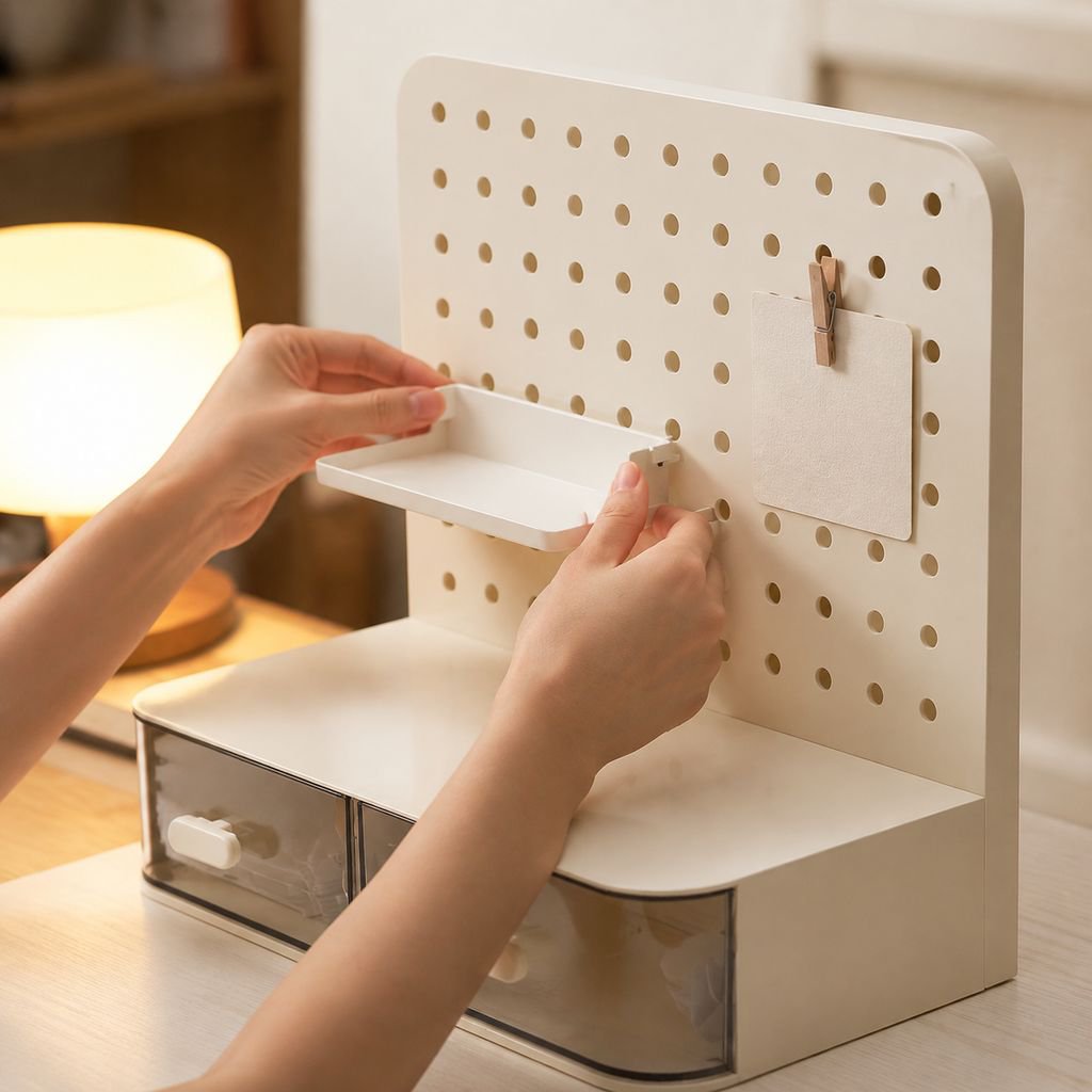 Escritorio estante de almacenamiento vertical tablero de agujeros estilo crema dormitorio hogar mesa