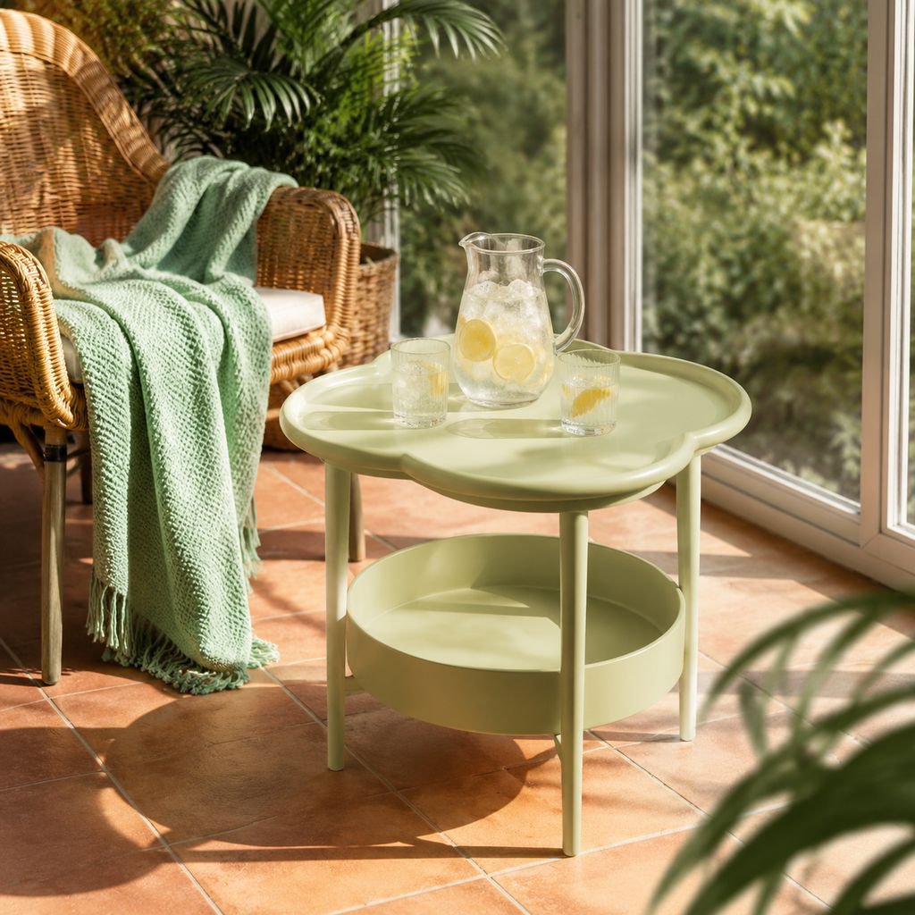 Contemporary cream side table next to armchair