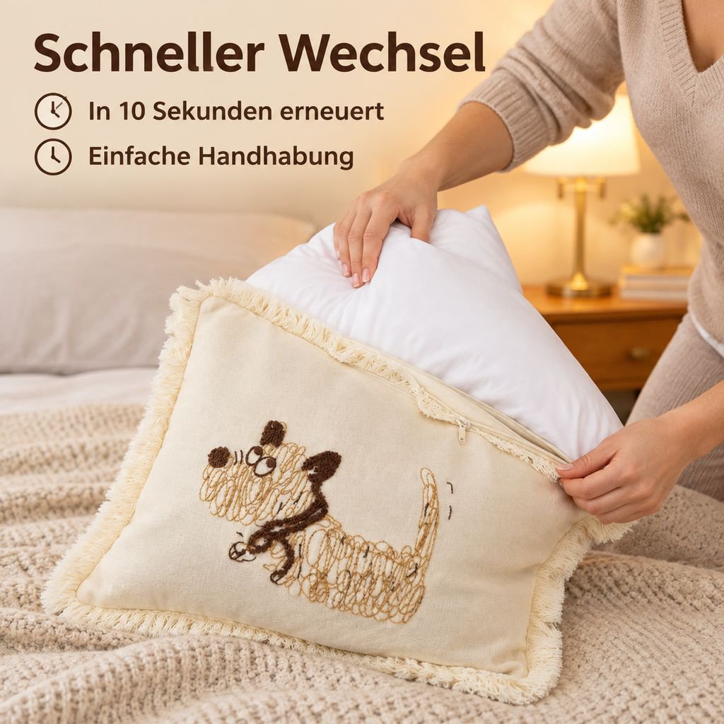 Hund-Kissenhülle aus Baumwolle Canvas mit Frottier-Stickerei