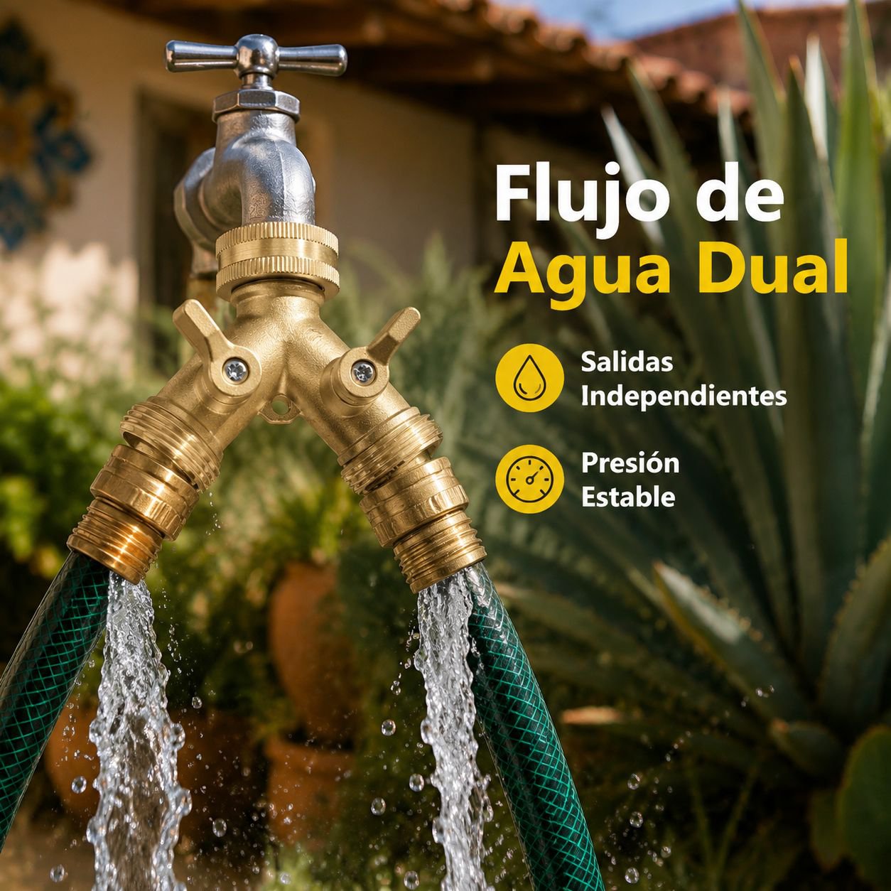 Distribuidor bidireccional tipo Y de latón con dos válvulas independientes para grifos.