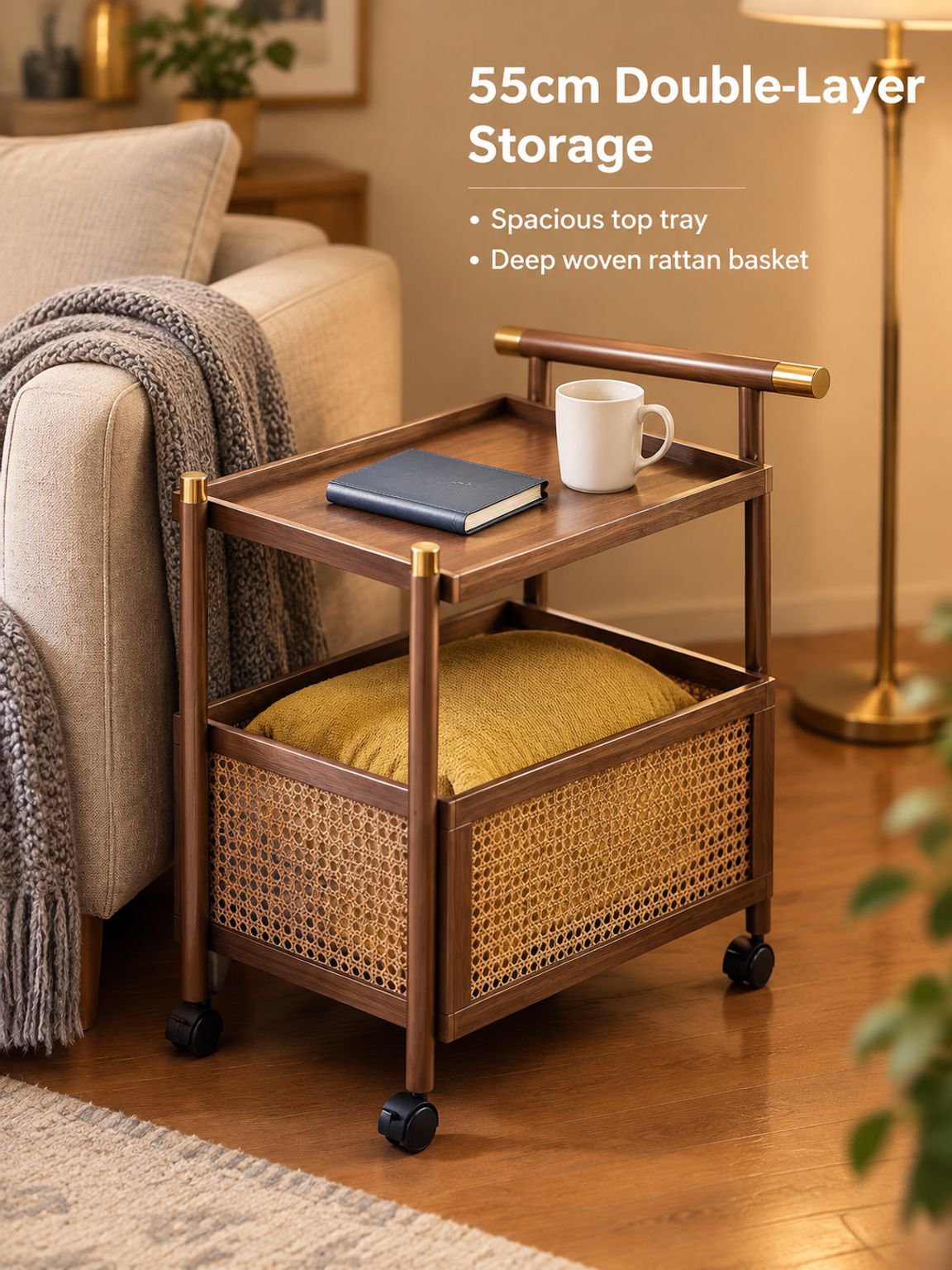 Rolling snack cart used as a compact living room side table