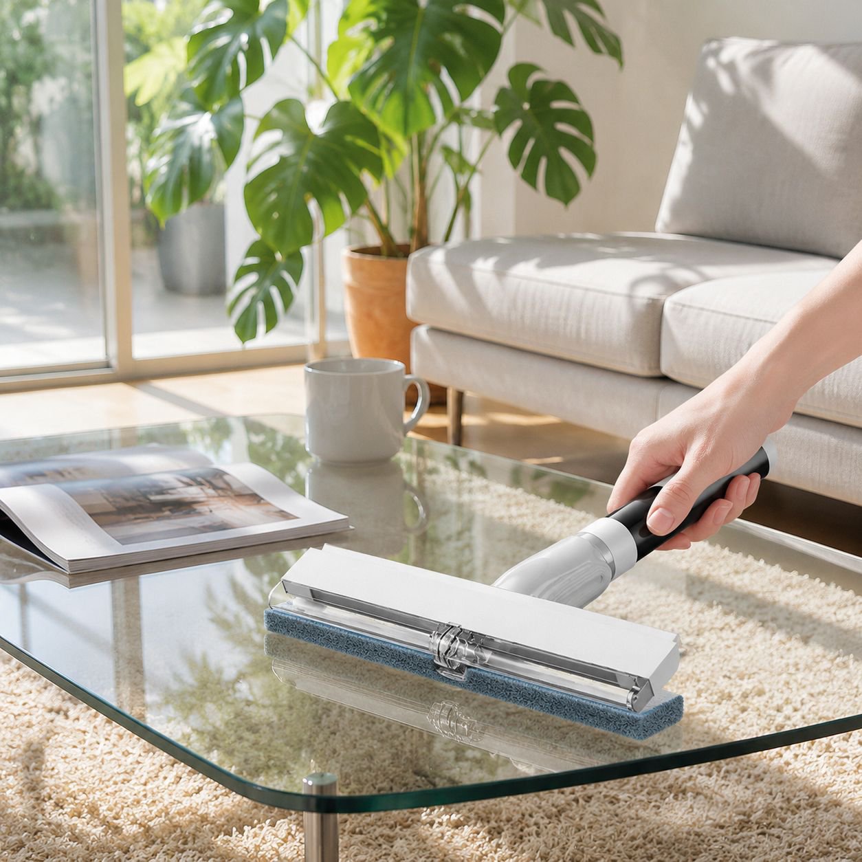 Highrise glass scraper removing dirt from window