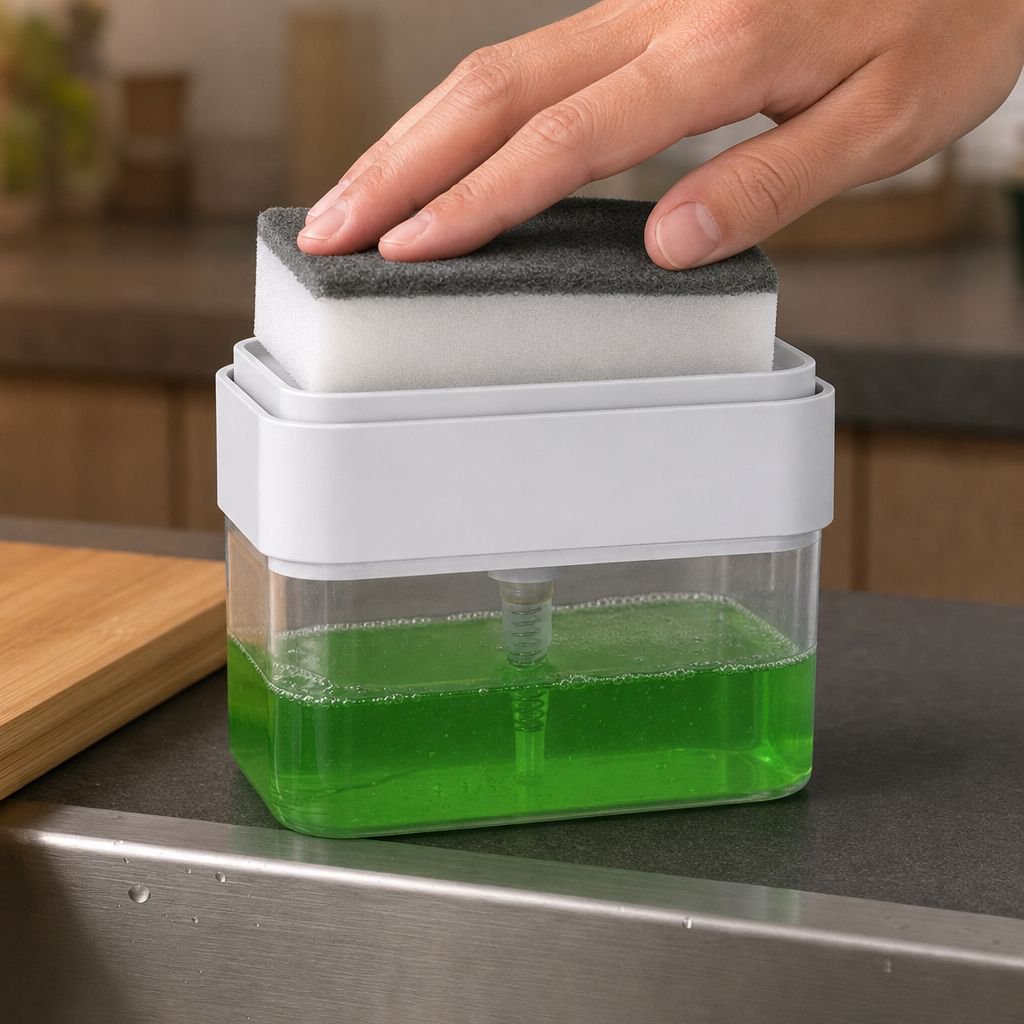 Kitchen Push Soap Box with Sponge and Draining Feature