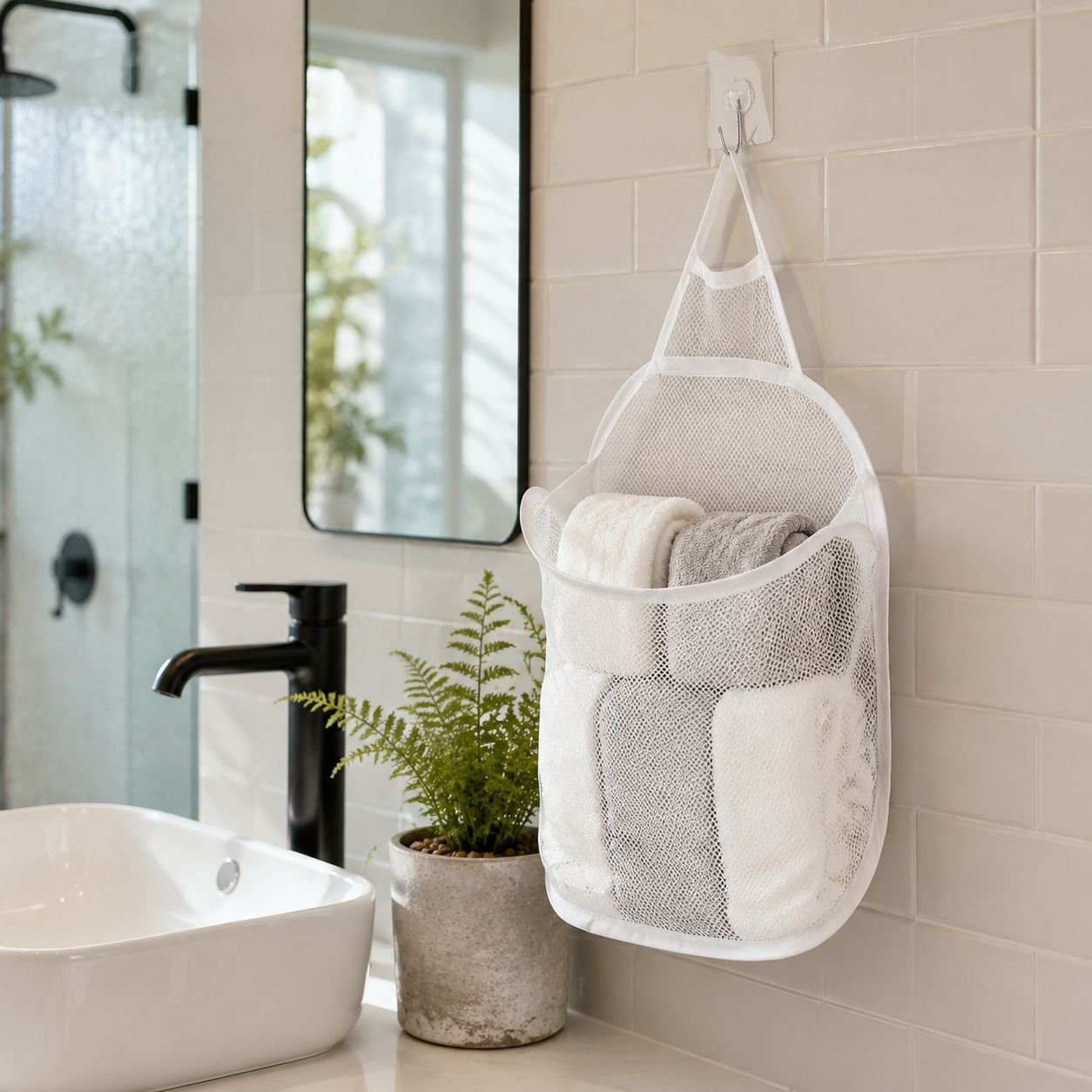 Foldable wall-mounted laundry basket, self-adhesive, no-drill mesh fabric laundry bag, bathroom laun