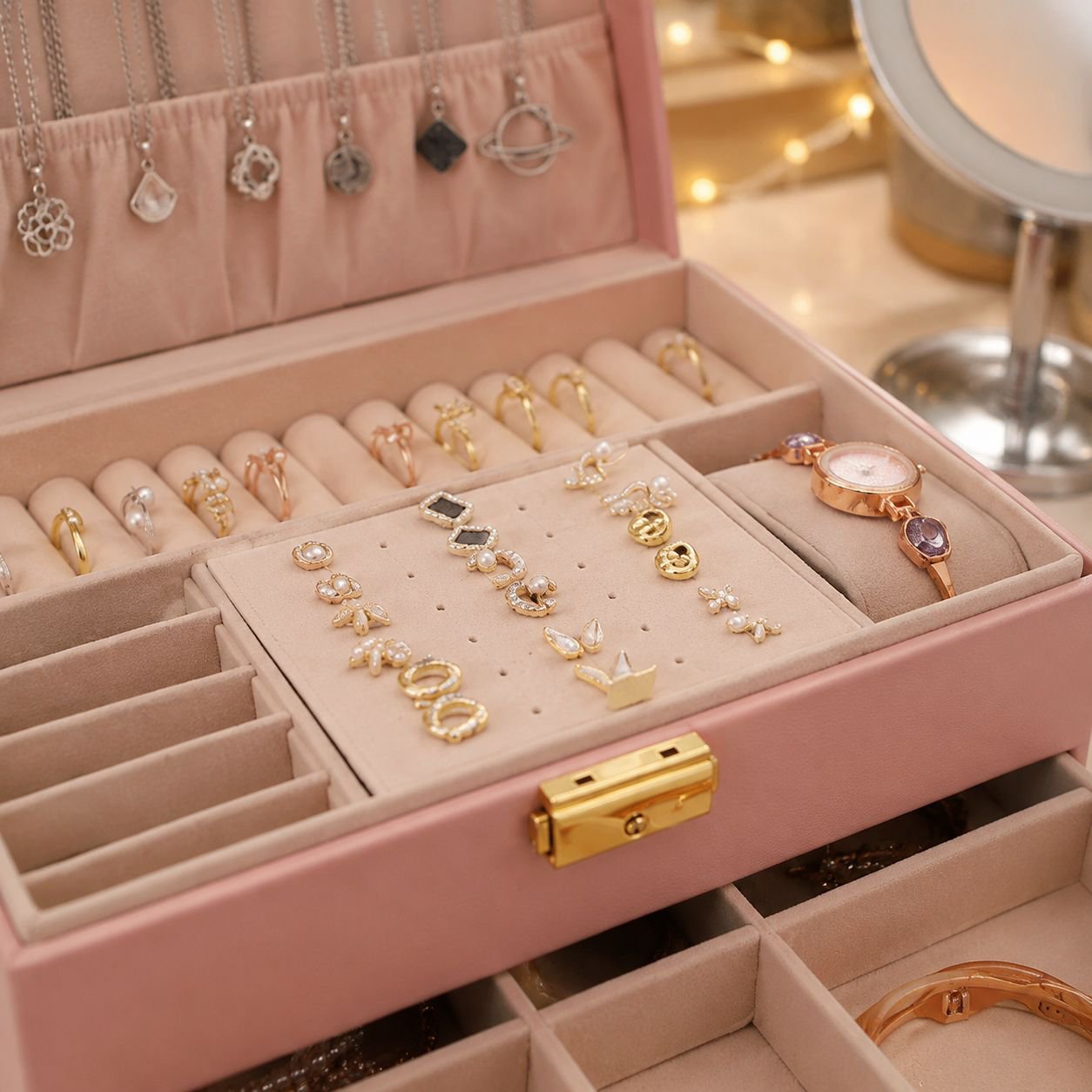 Drawer-style jewelry box for rings, earrings, and necklaces