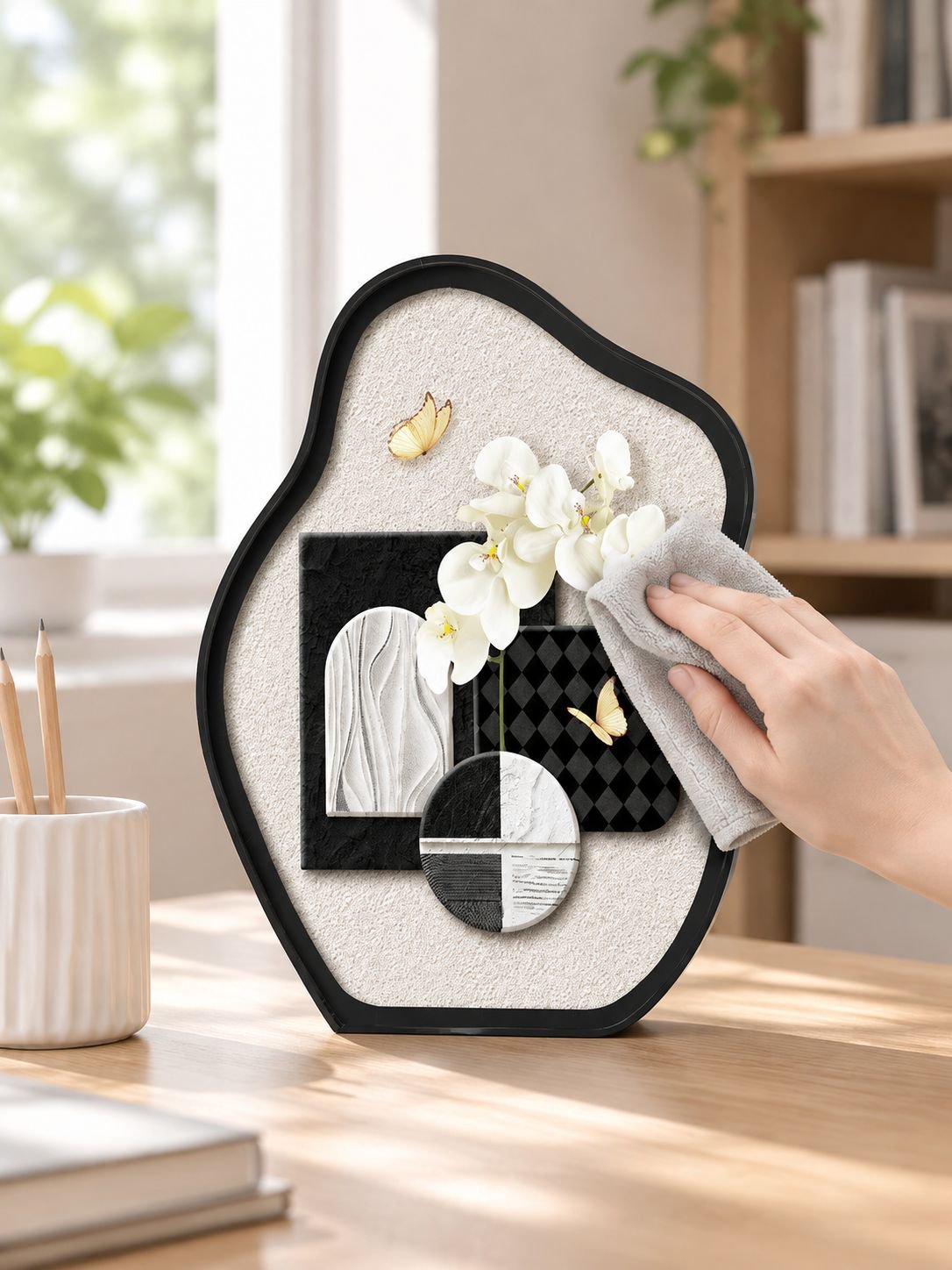 Cuadro de mariposas y orquídeas sobre fondo blanco