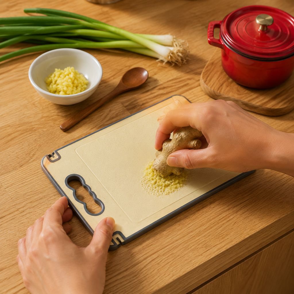 Hands sharpening knife on built-in sharpener of cutting board