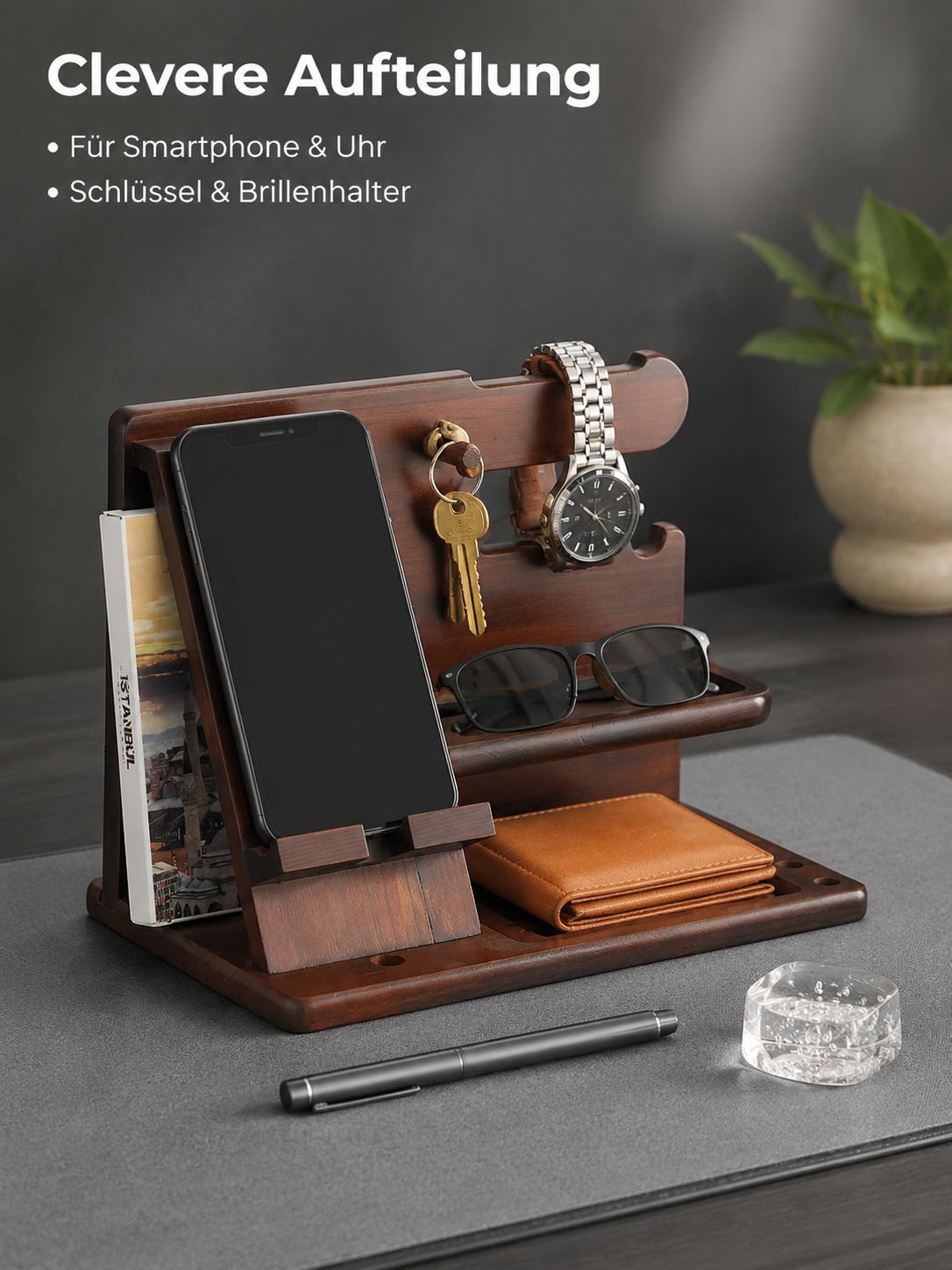 Handyhalter und Organizer aus Massivholz für Büro, Schlüssel- und Uhrenständer