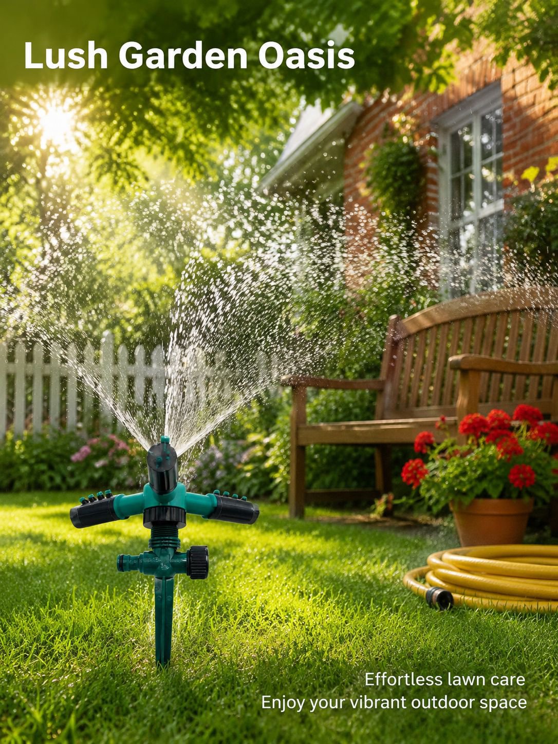 360 degree rotating triple-head garden water sprinkler in action
