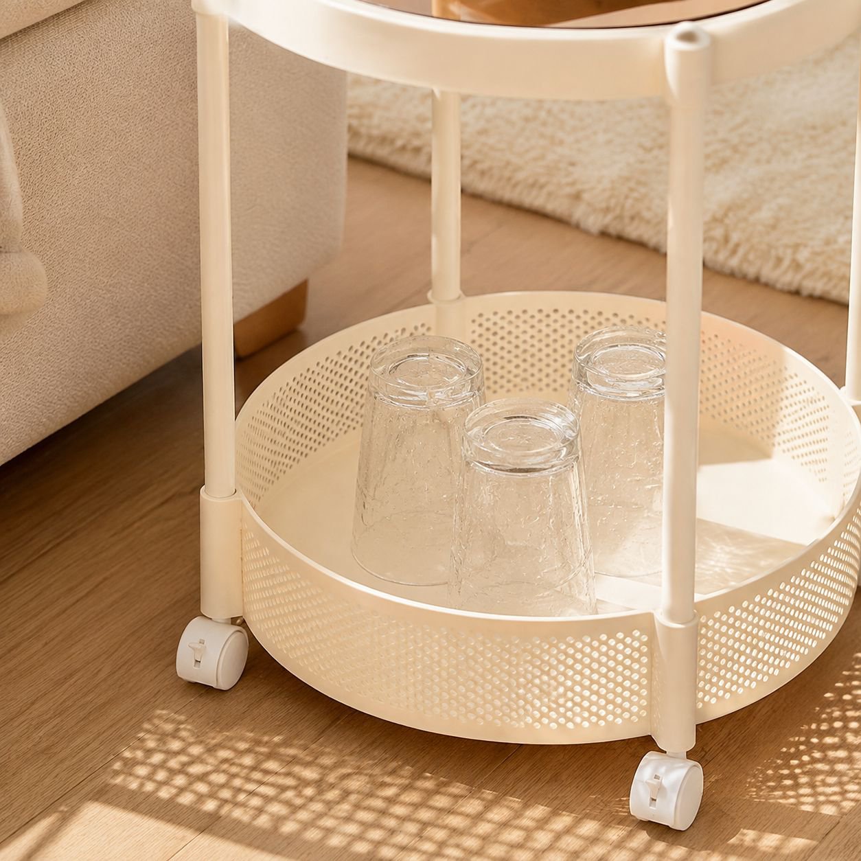Elegant glass coffee table beside sofa