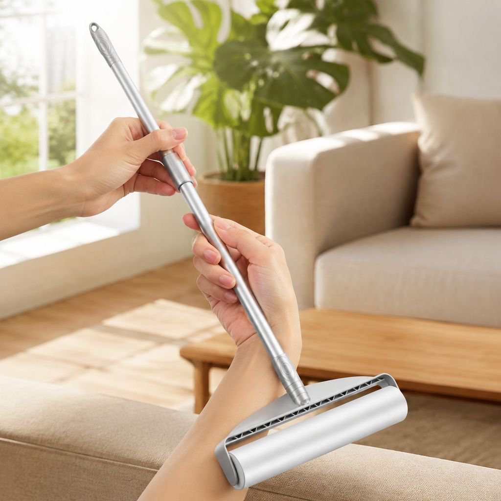 Lint roller in use on a jacket