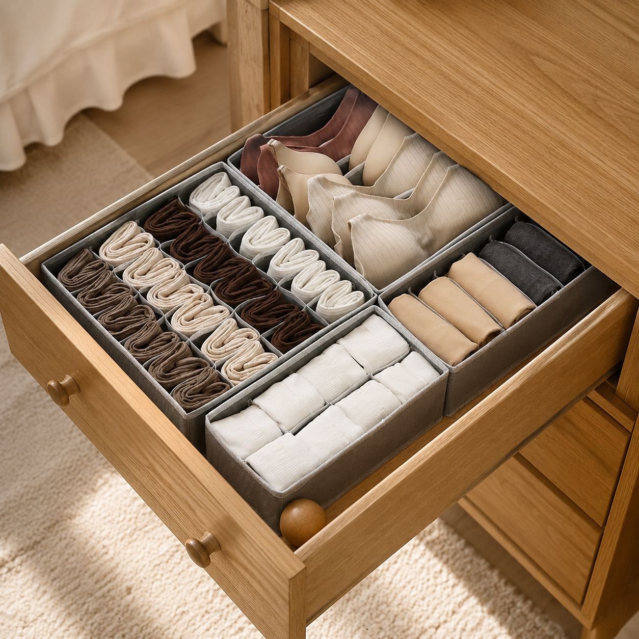 Non-woven compartment underwear organizer in a drawer