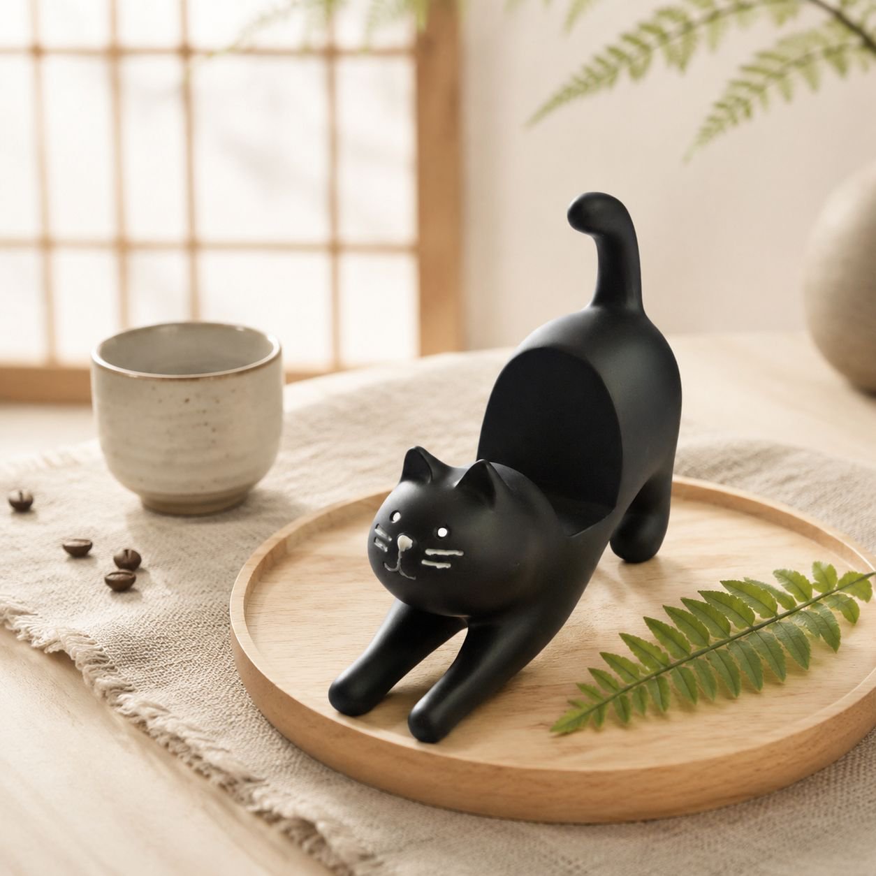 怠け者スマホホルダー 黒猫飾り デスク樹脂工芸猫オブジェ