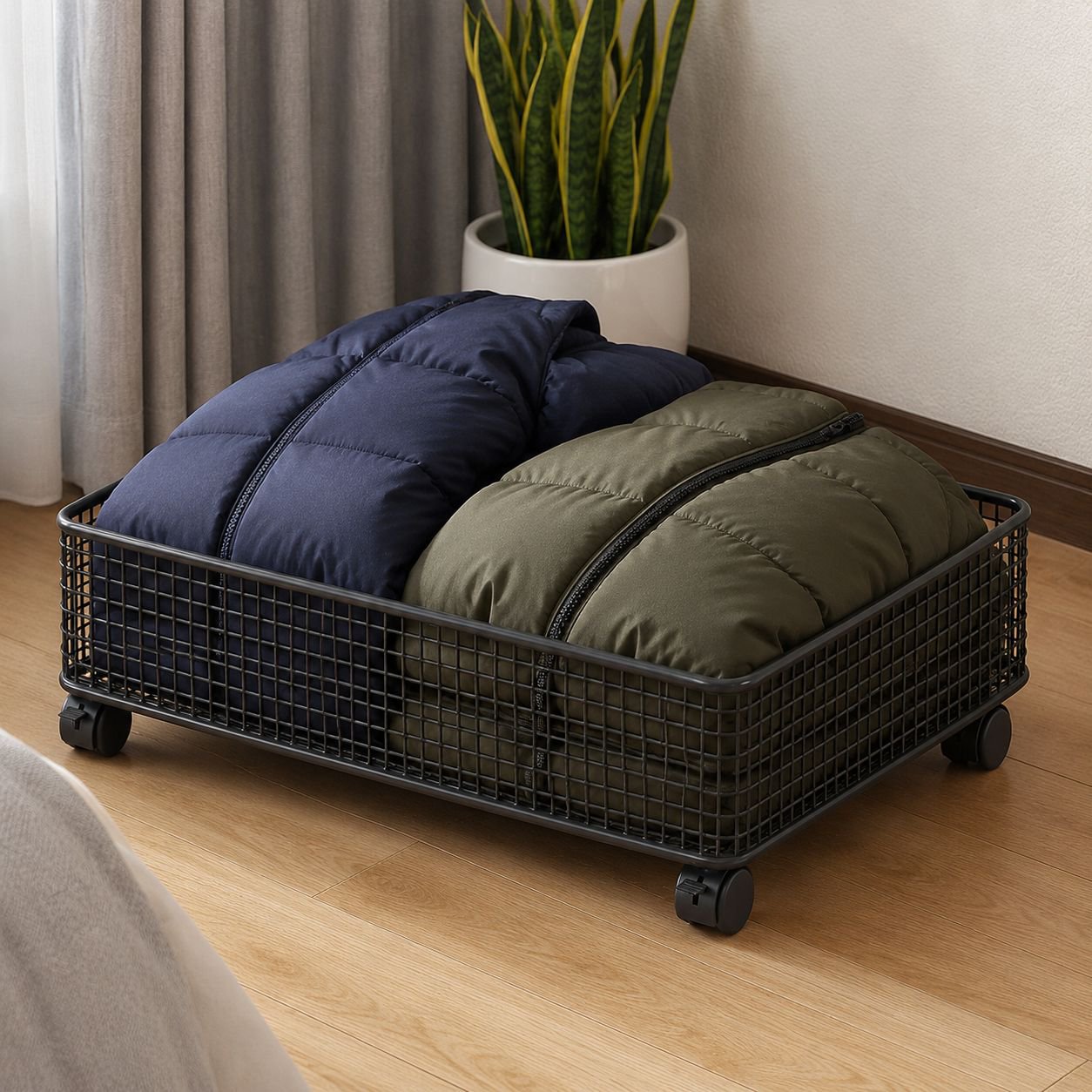 Rolling metal storage box fits perfectly under the bed
