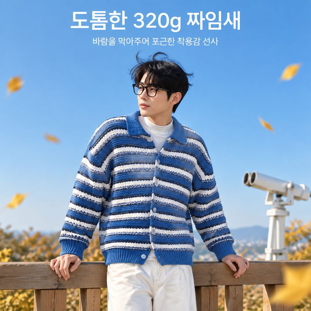 남성용 블루 앤 화이트 줄무늬 카라 니트 가디건 가을 시즌 너플한 멋이 있는 스웨터 상의