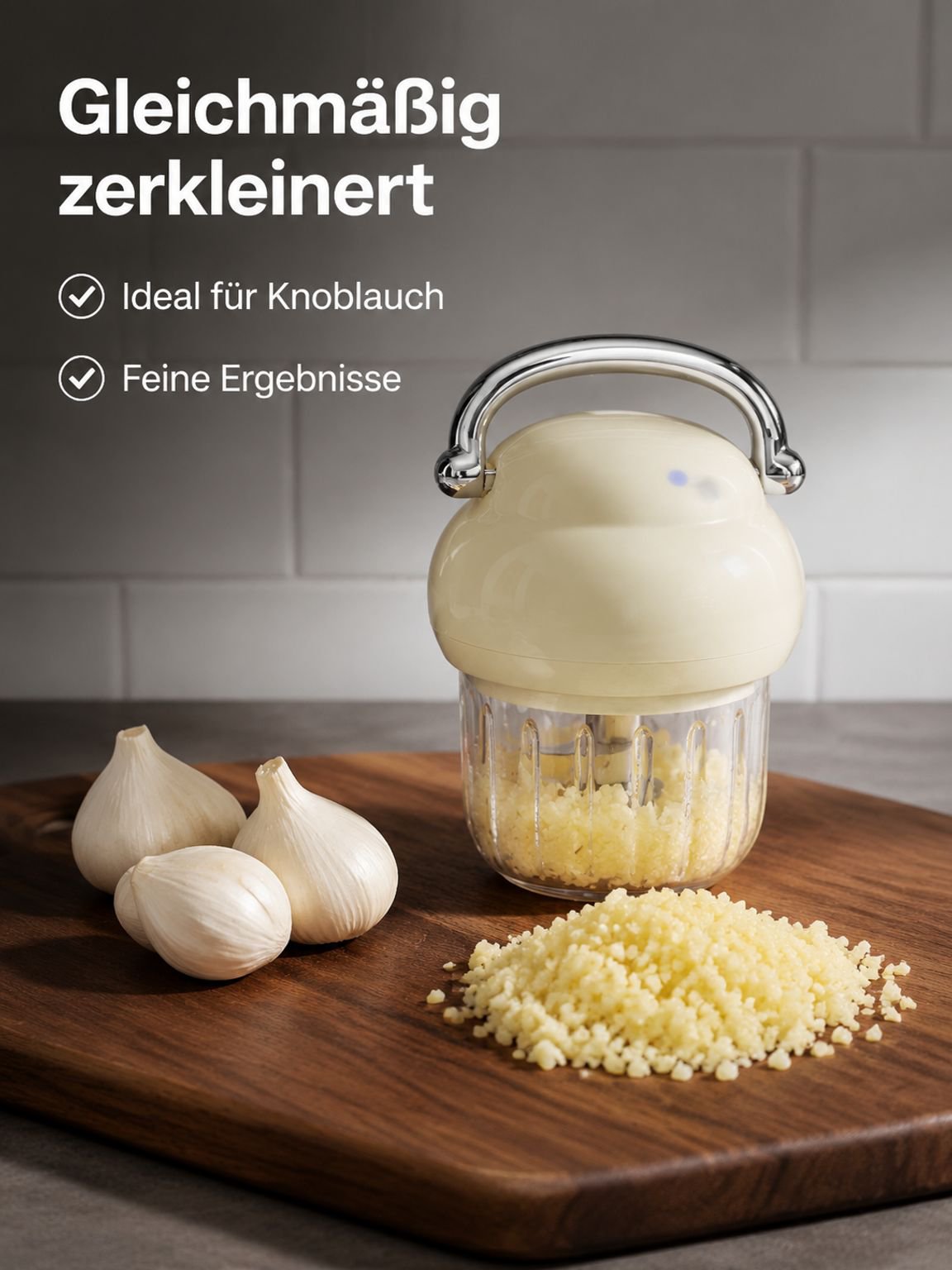 Knoblauchpresse beim Zerkleinern von frischem Knoblauch