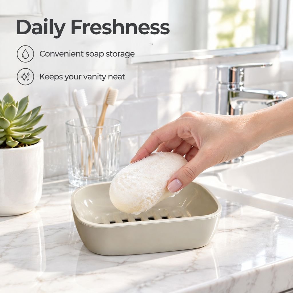Draining soap holder for bathroom countertop with modern design