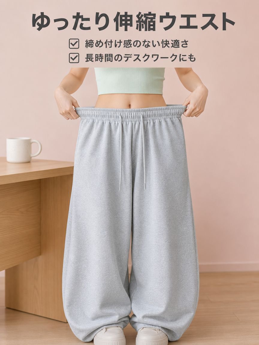 万能なカーブドワイドレッグ無地スウェットパンツ