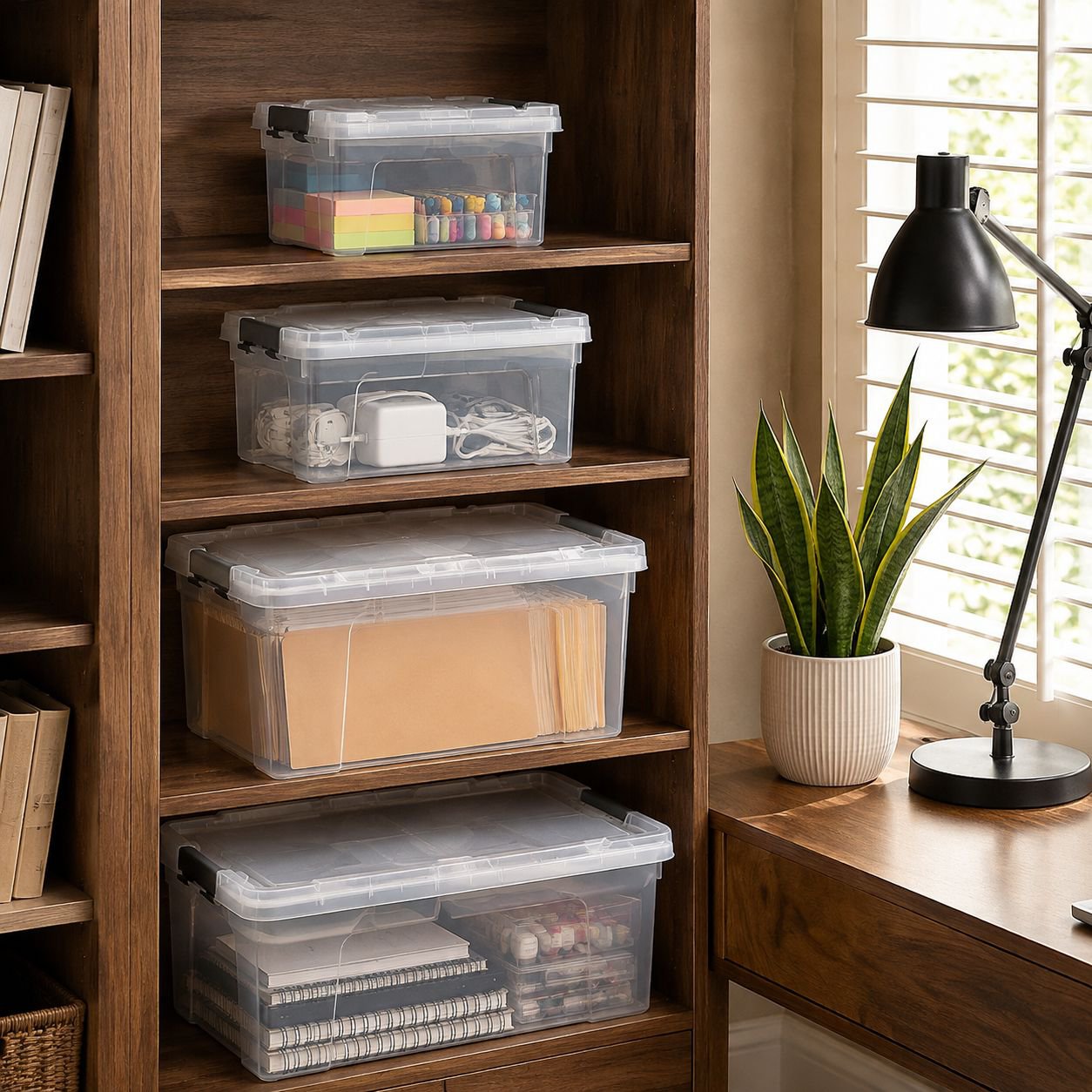 Closet organization with clear storage containers