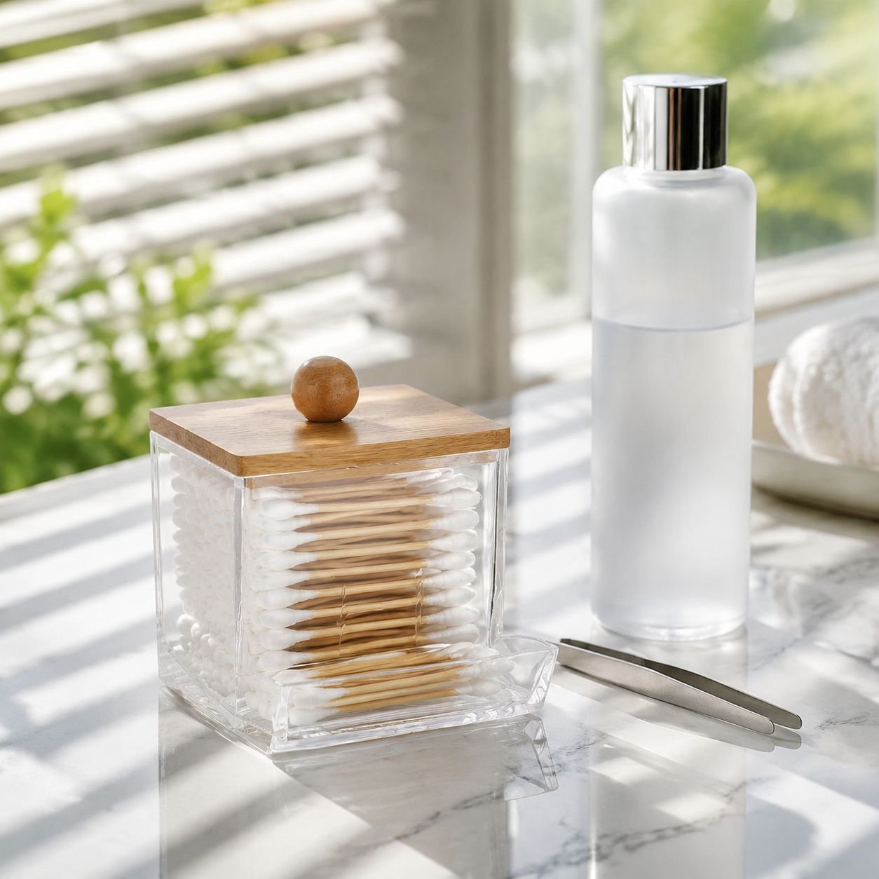 Open acrylic cotton pad holder with visible contents