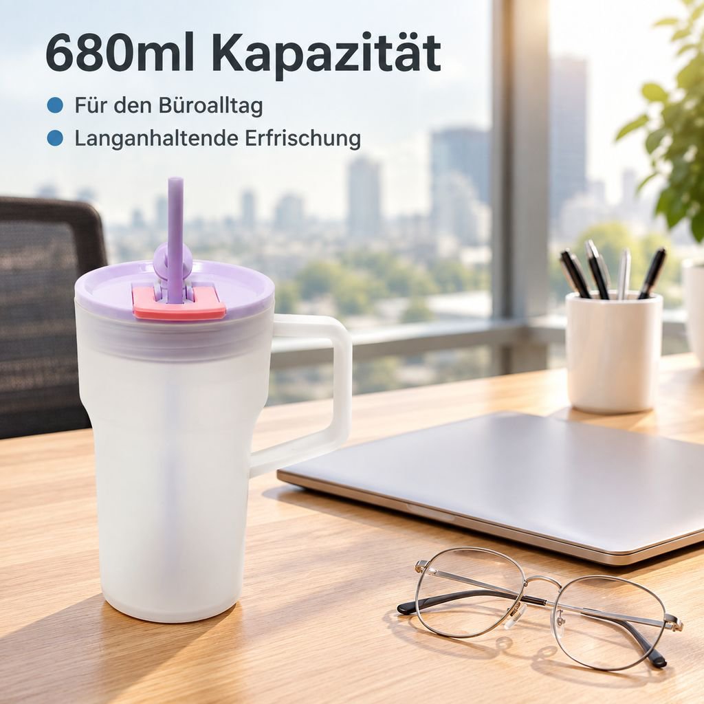 Stylischer Becher mit zwei Trinköffnungen und Strohhalm