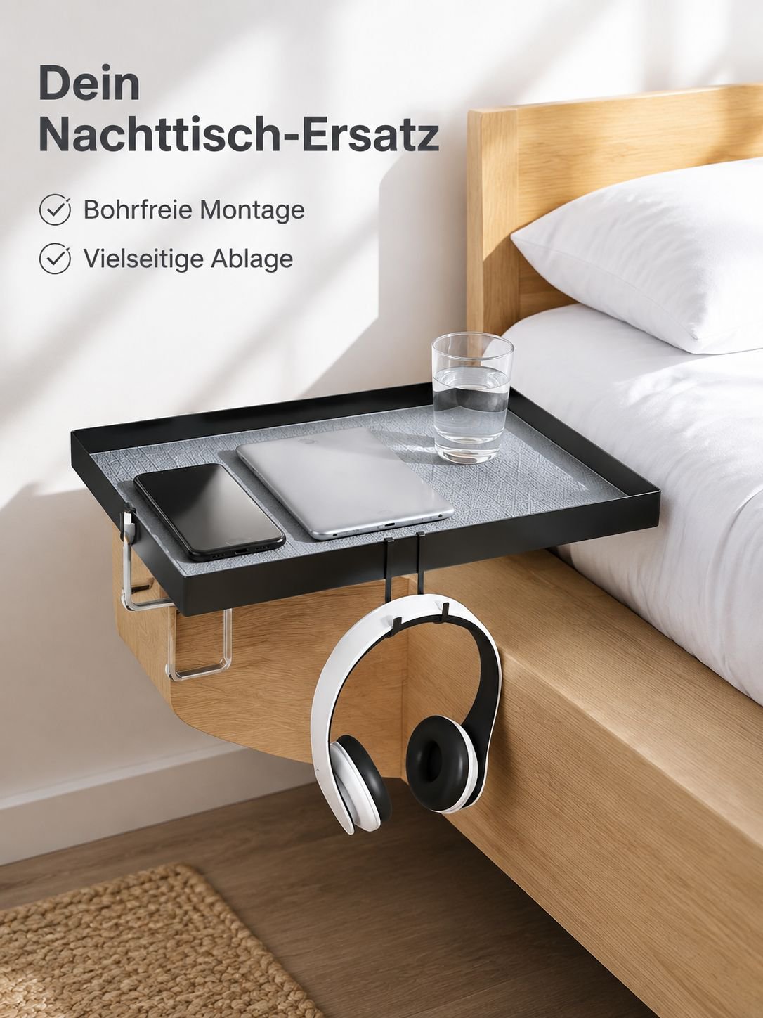 Bett-Side Organizer mit Clip – Telefonhalter und Ablage, bohrfrei