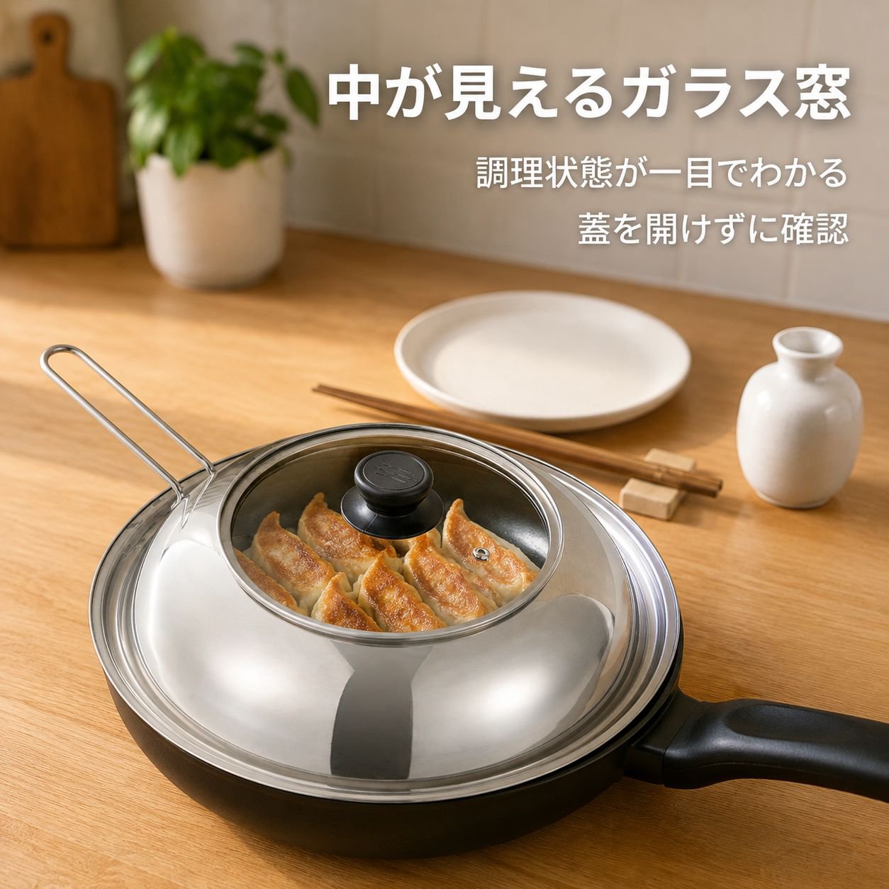 ステンレス製油はね防止・やけど防止可視鍋蓋 家庭用多用途対応