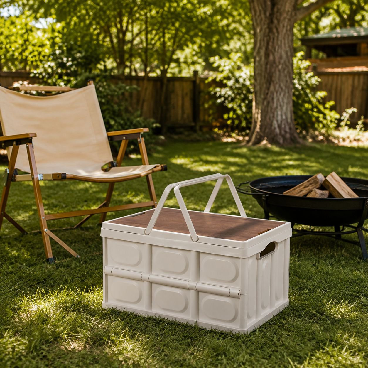 Portable Folding Storage Basket with Wooden Tabletop