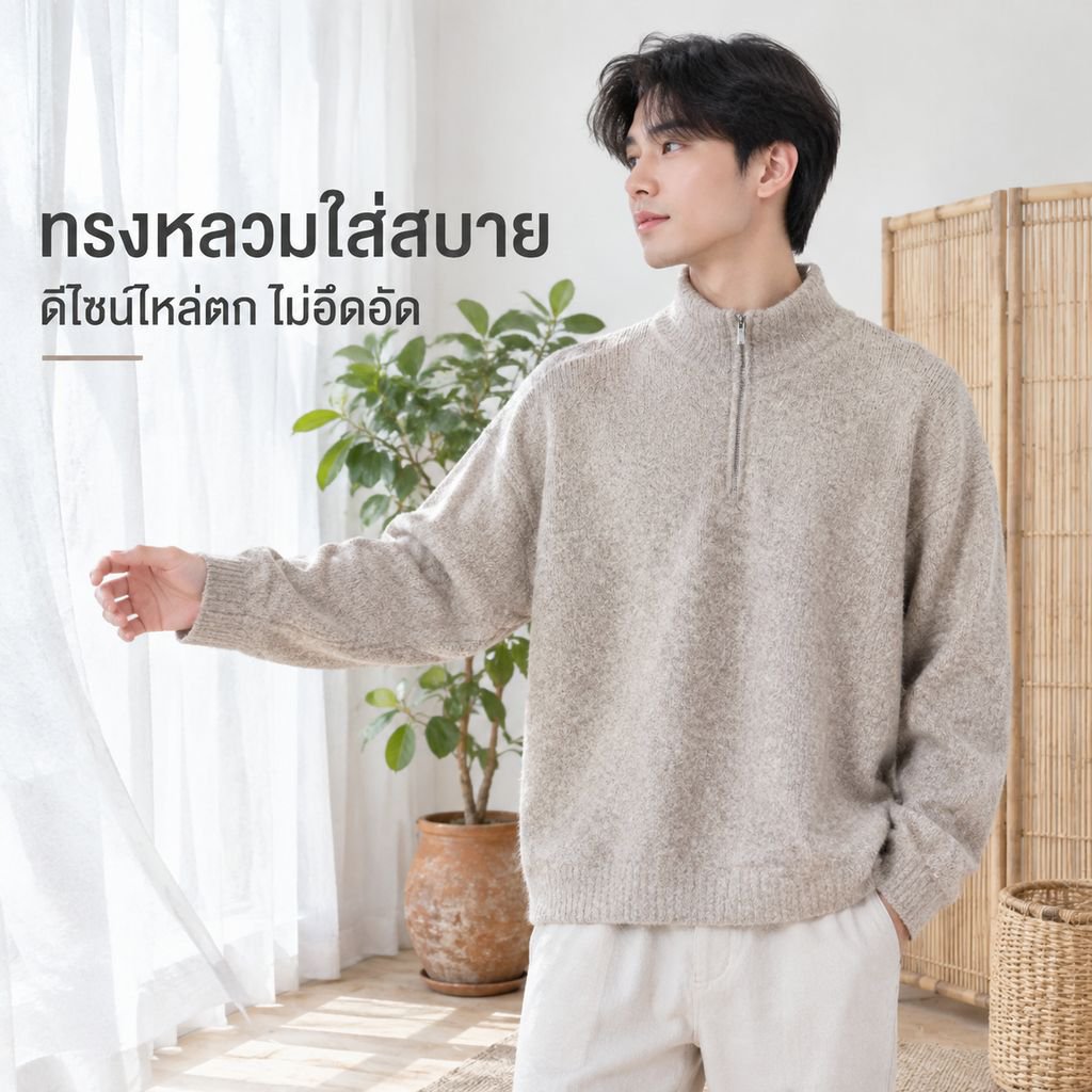 เสื้อกันหนาวไหมพรมคอสูงซิปครึ่งตัวสไตล์ญี่ปุ่น สำหรับฤดูใบไม้ร่วงและฤดูหนาว