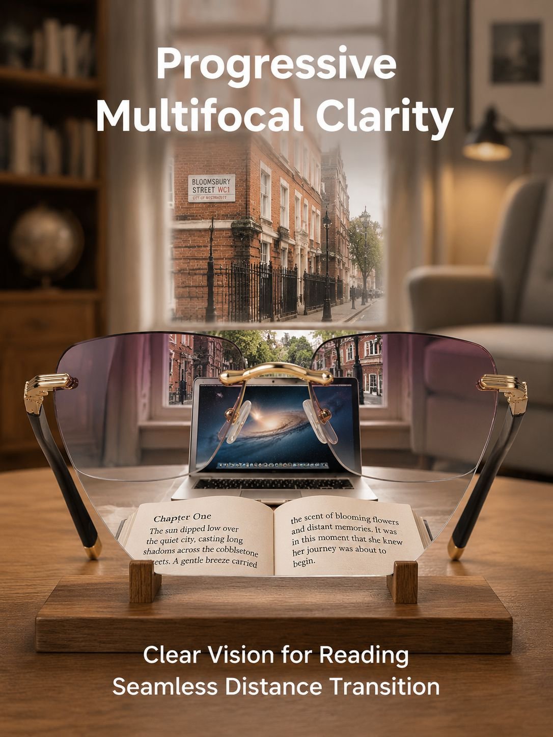Frameless Blue Light Blocking Photochromic Progressive Reading Glasses