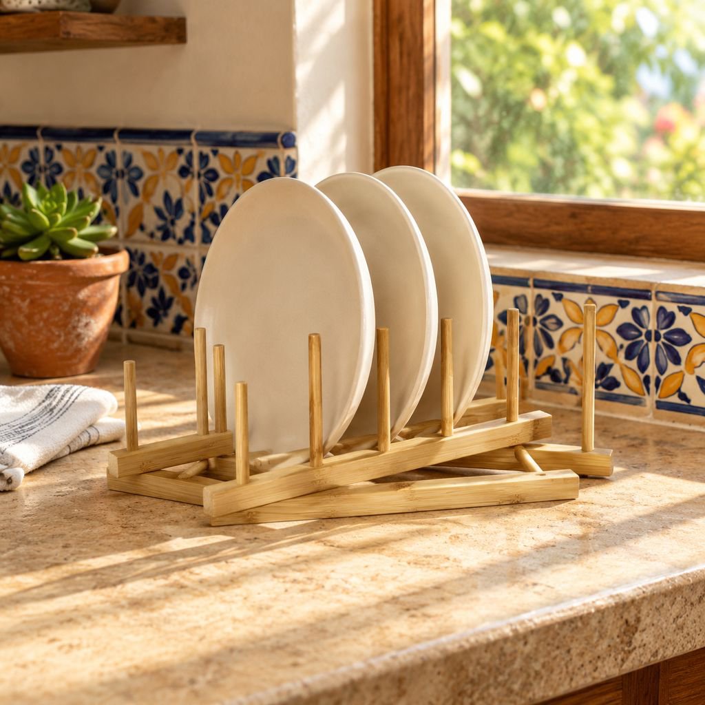 Escurridor y Organizador de Platos de Bambú para Cocina