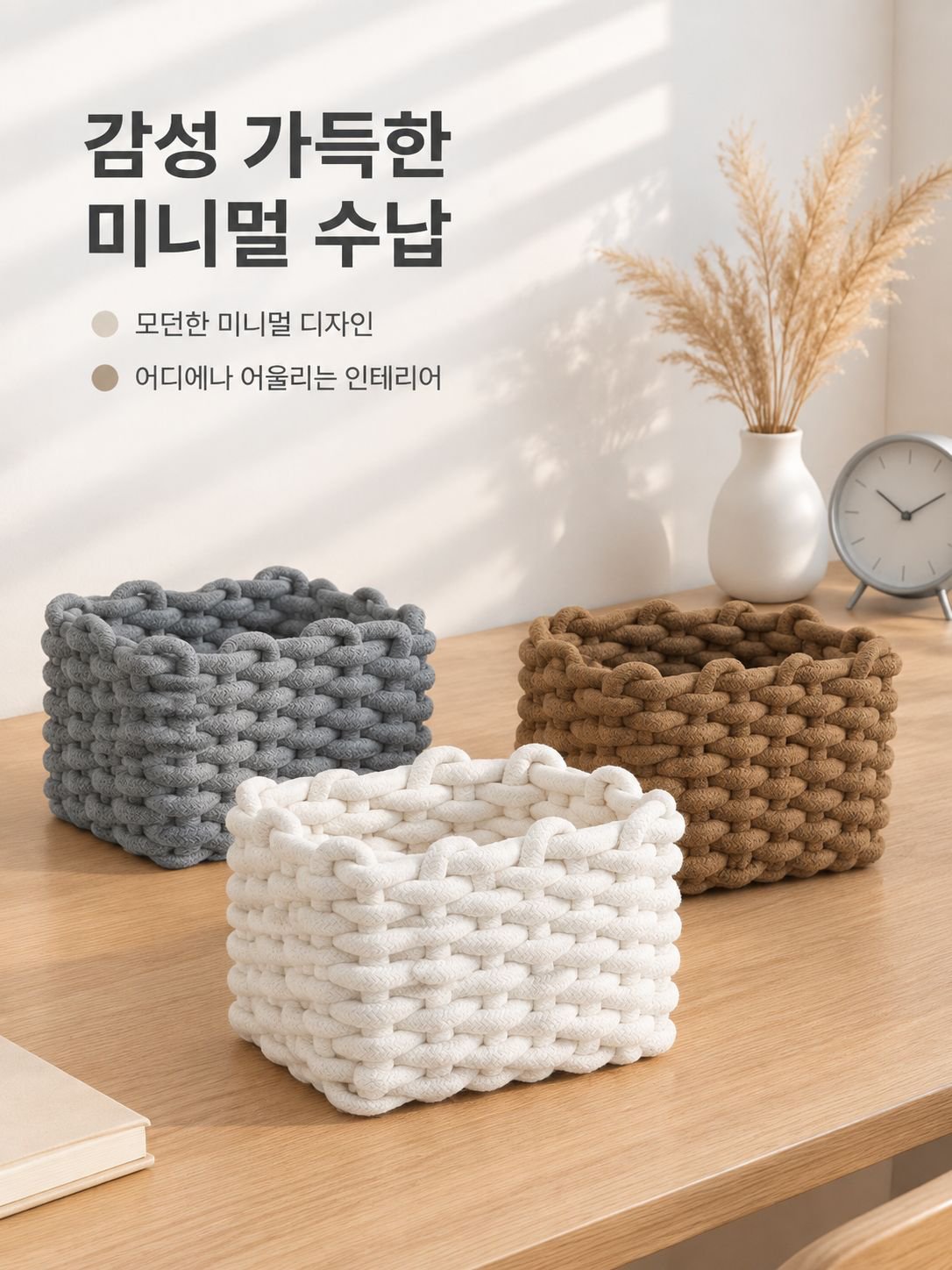 면 로프 직조 탁상용 수납 바구니