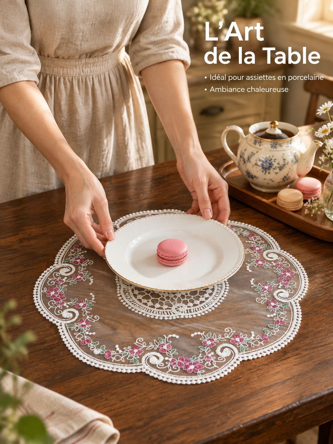 Nappe en tissu décorée de broderie en dentelle française