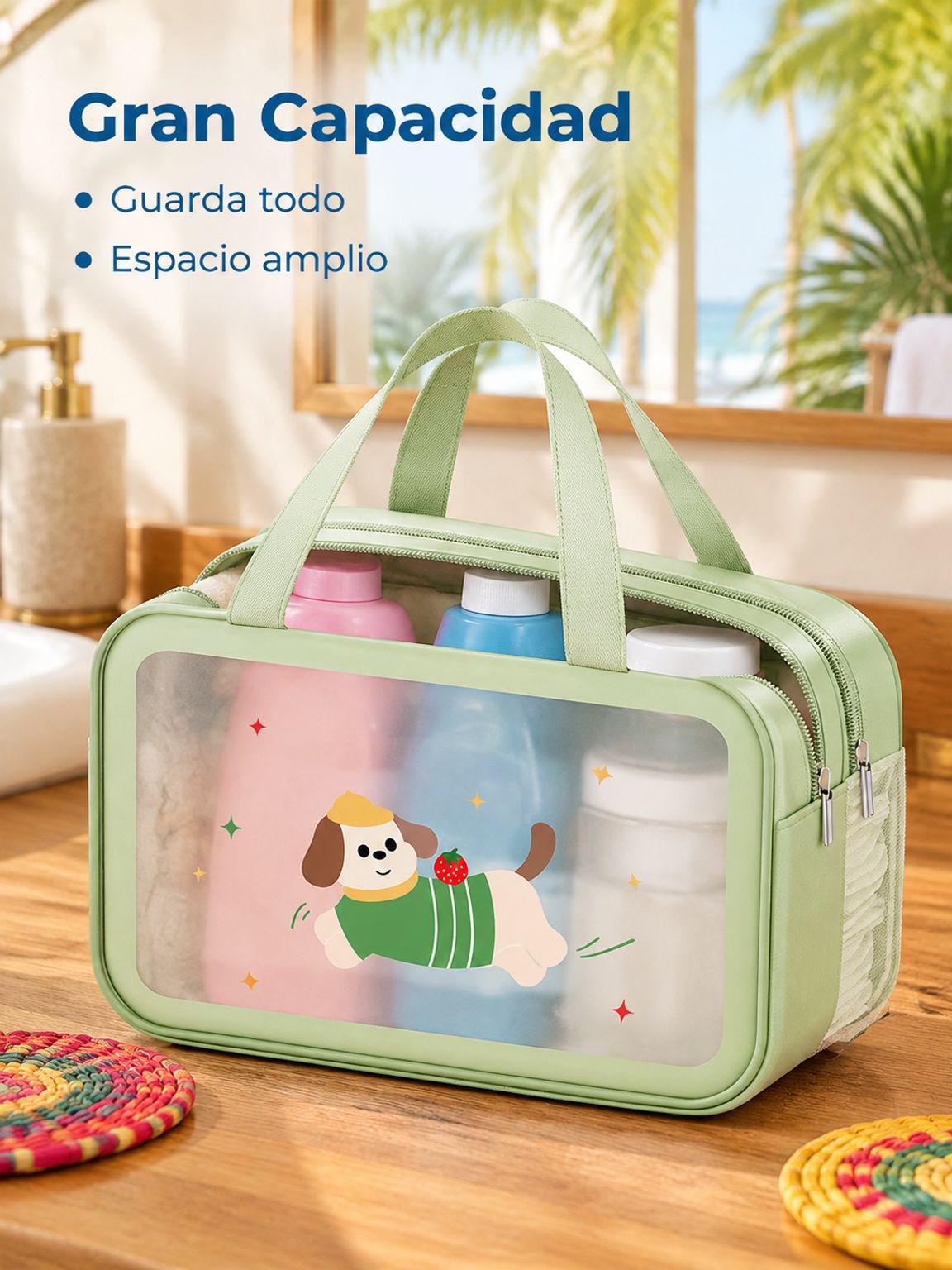 Neceser de viaje transparente impermeable portátil, gran capacidad, separación seco-húmedo