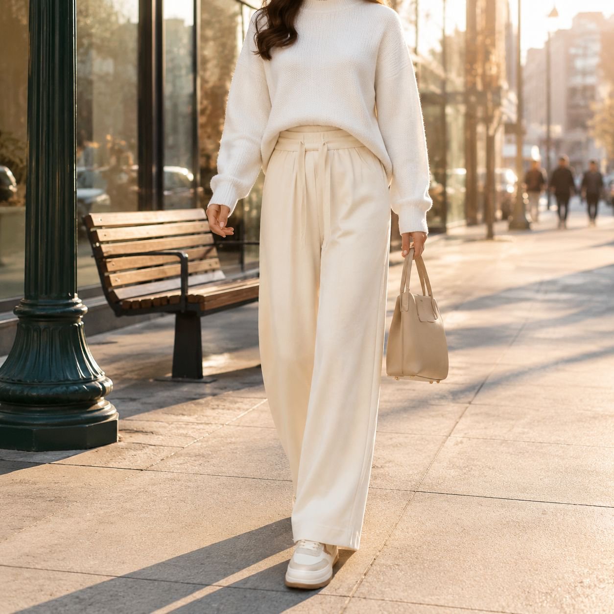 Pantalones casuales de felpa para mujer con cintura alta y pierna ancha para uso diario