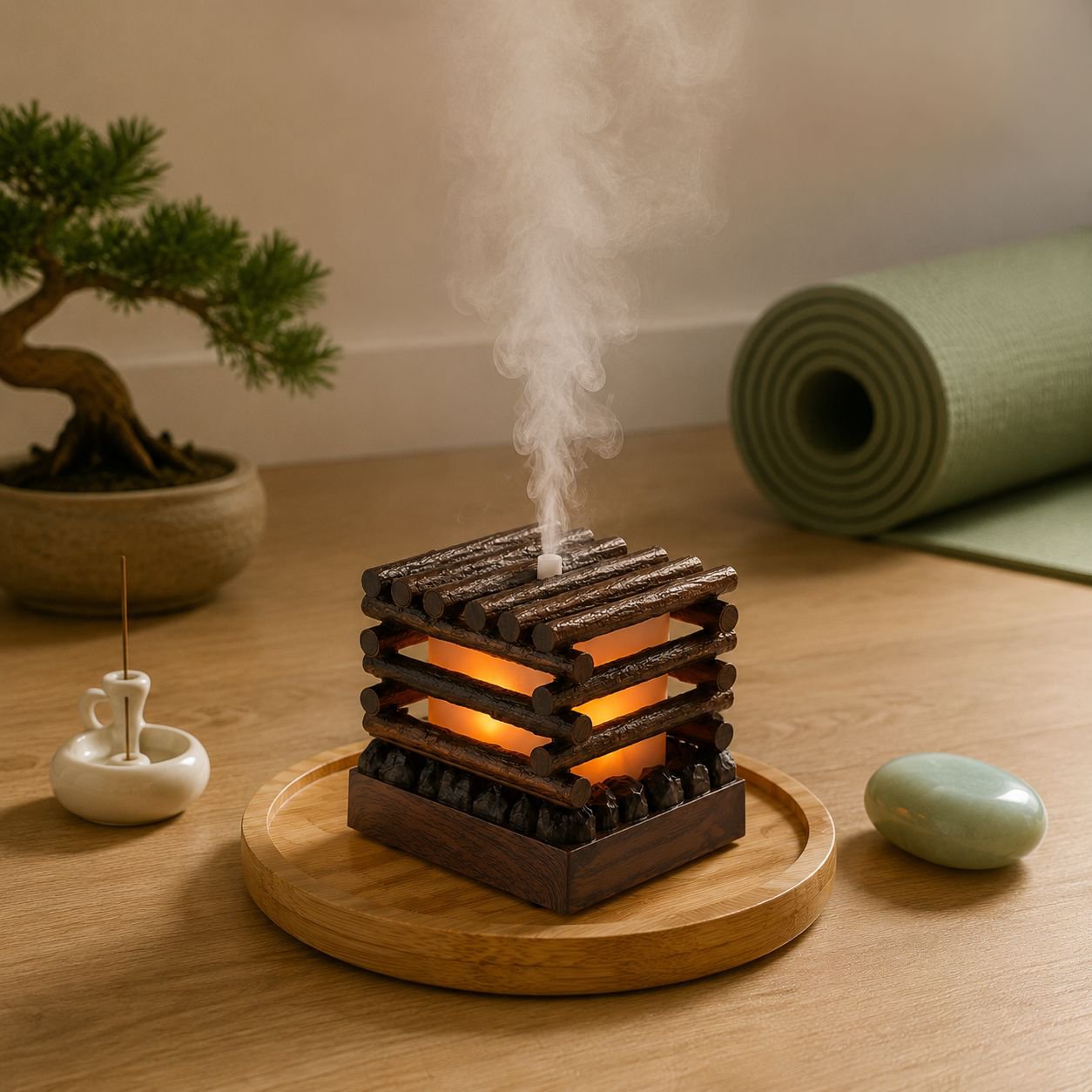 Close-up of wooden design aroma diffuser emitting mist